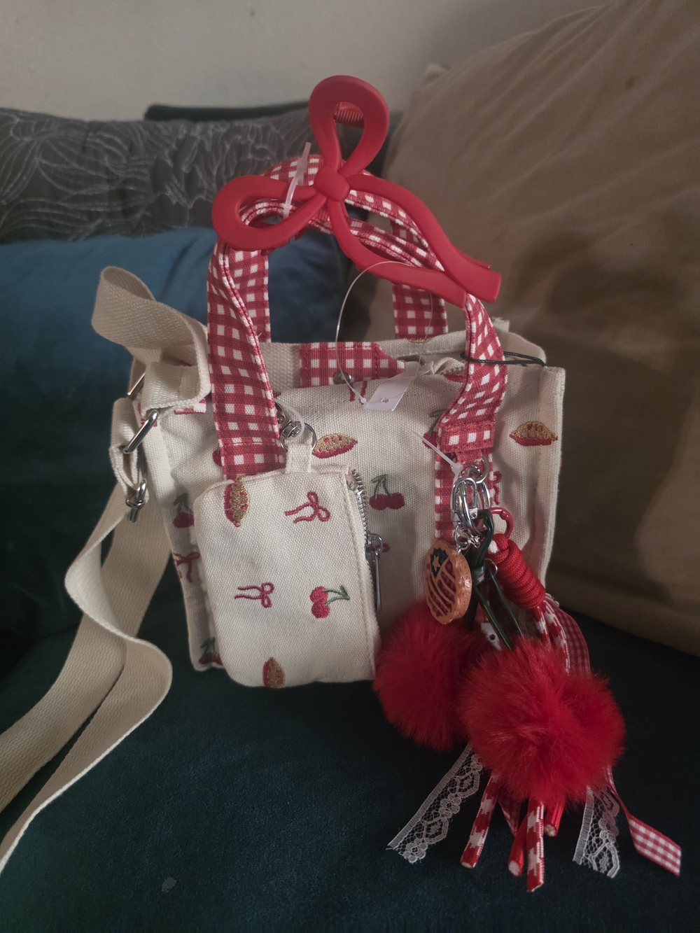 Madden Girl Cream Canvas Mini Tote with Red Cherry Trim